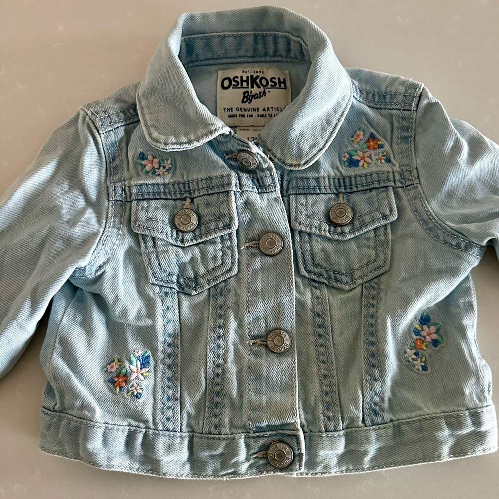 🌸 OshKosh B’gosh Denim Jean Jacket Embroidered Flowers Size 12M - Picture 4 of 13